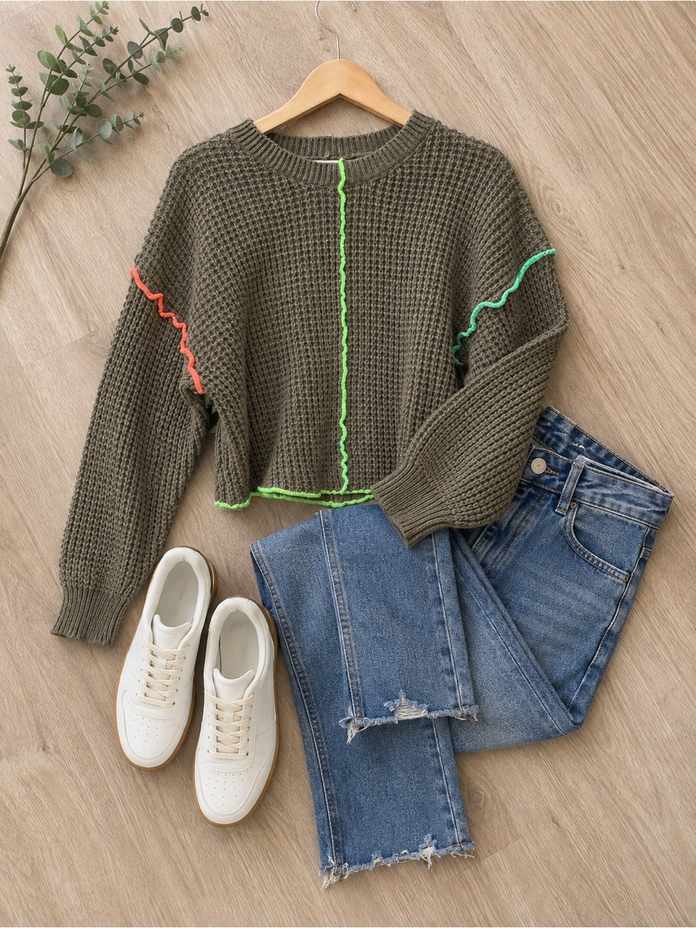 New IN Women’s Waffle Knit Sweater Medium Brown Neon Contrast Stitch - Picture 5 of 15